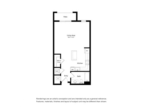 Floor plan for studio, 1 bath, 628 sqft